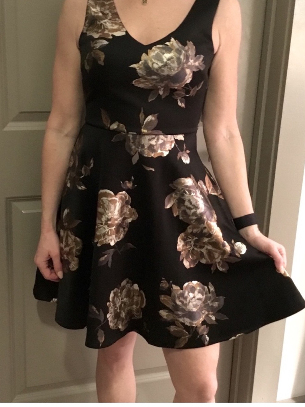 NWT $100 Aqua Floral Fit & Flare Cocktail / Holiday Dress Black & Gold  Sz L